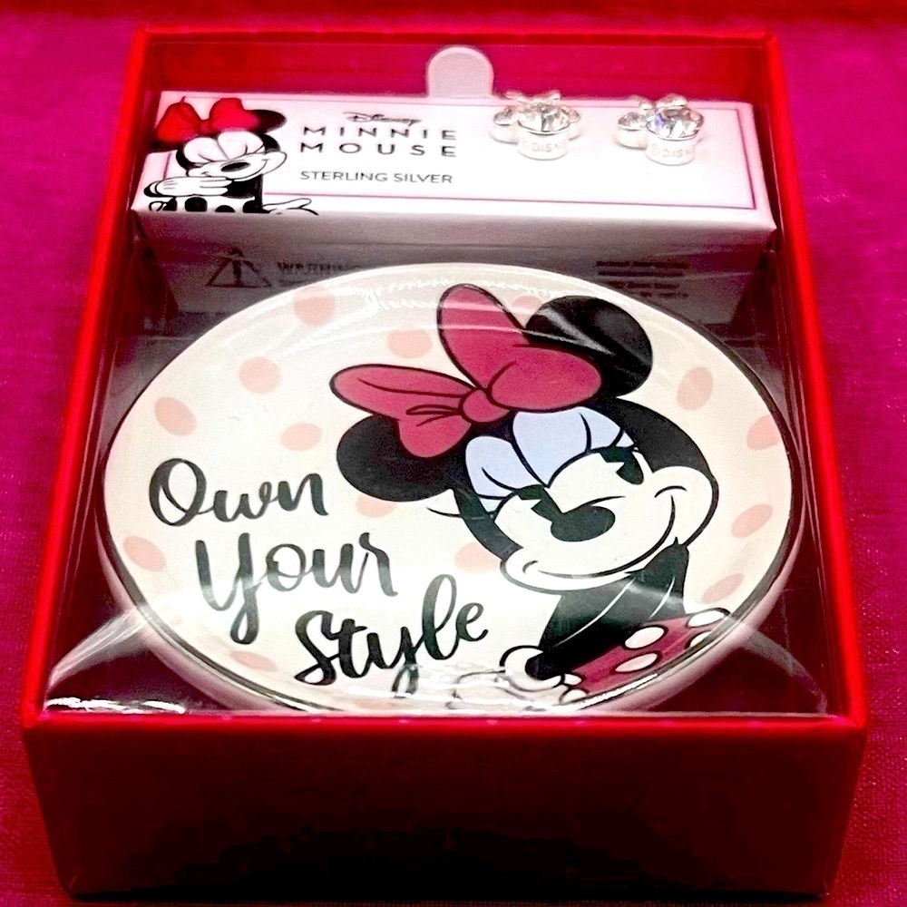 Disney MINNIE MOUSE Sterling Silver Clear Crystal Stud Earrings & Trinket Dish - Picture 6 of 9